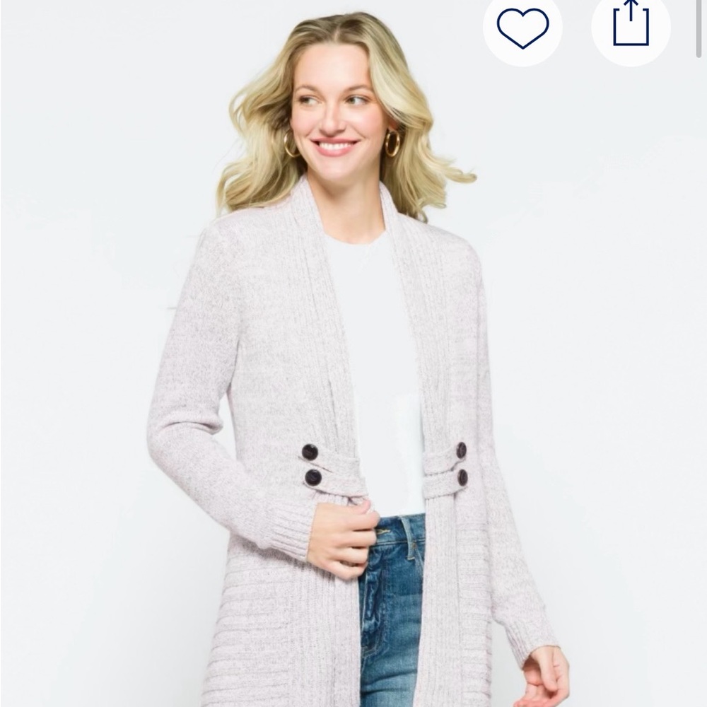 Long Open-Front Knit Cardigan with Button Tab - Grey